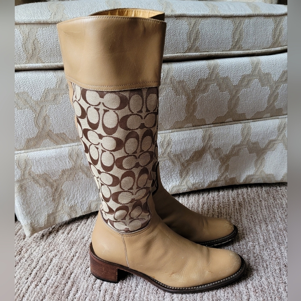 Coach Tan and Brown Patterned Over the Knee Boots